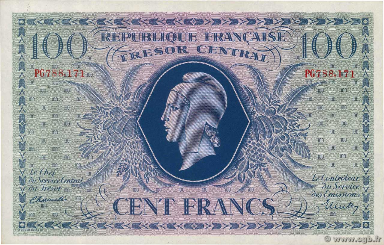100 Francs MARIANNE FRANKREICH  1943 VF.06.01a ST