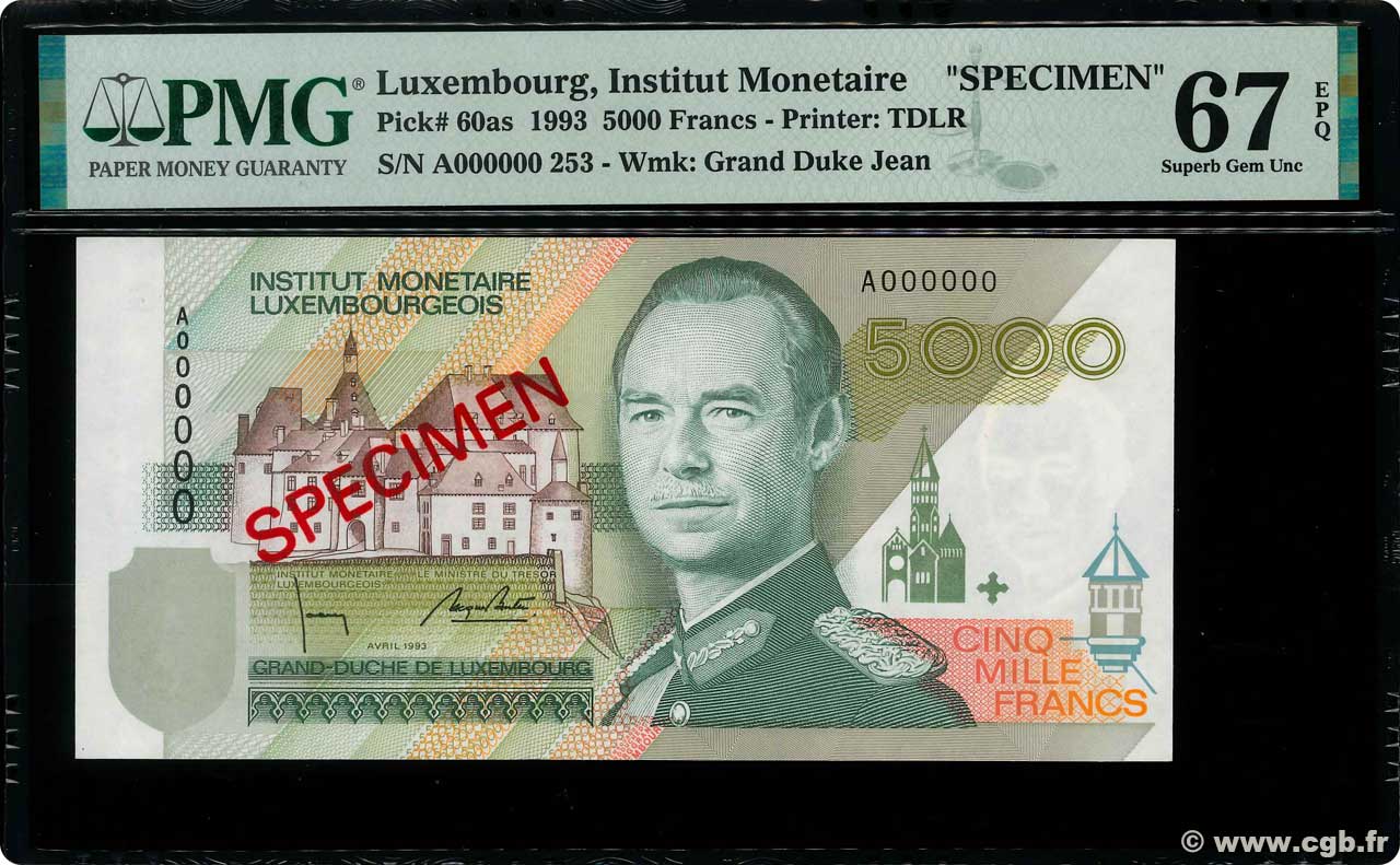 5000 Francs Spécimen LUSSEMBURGO  1986 P.60as FDC
