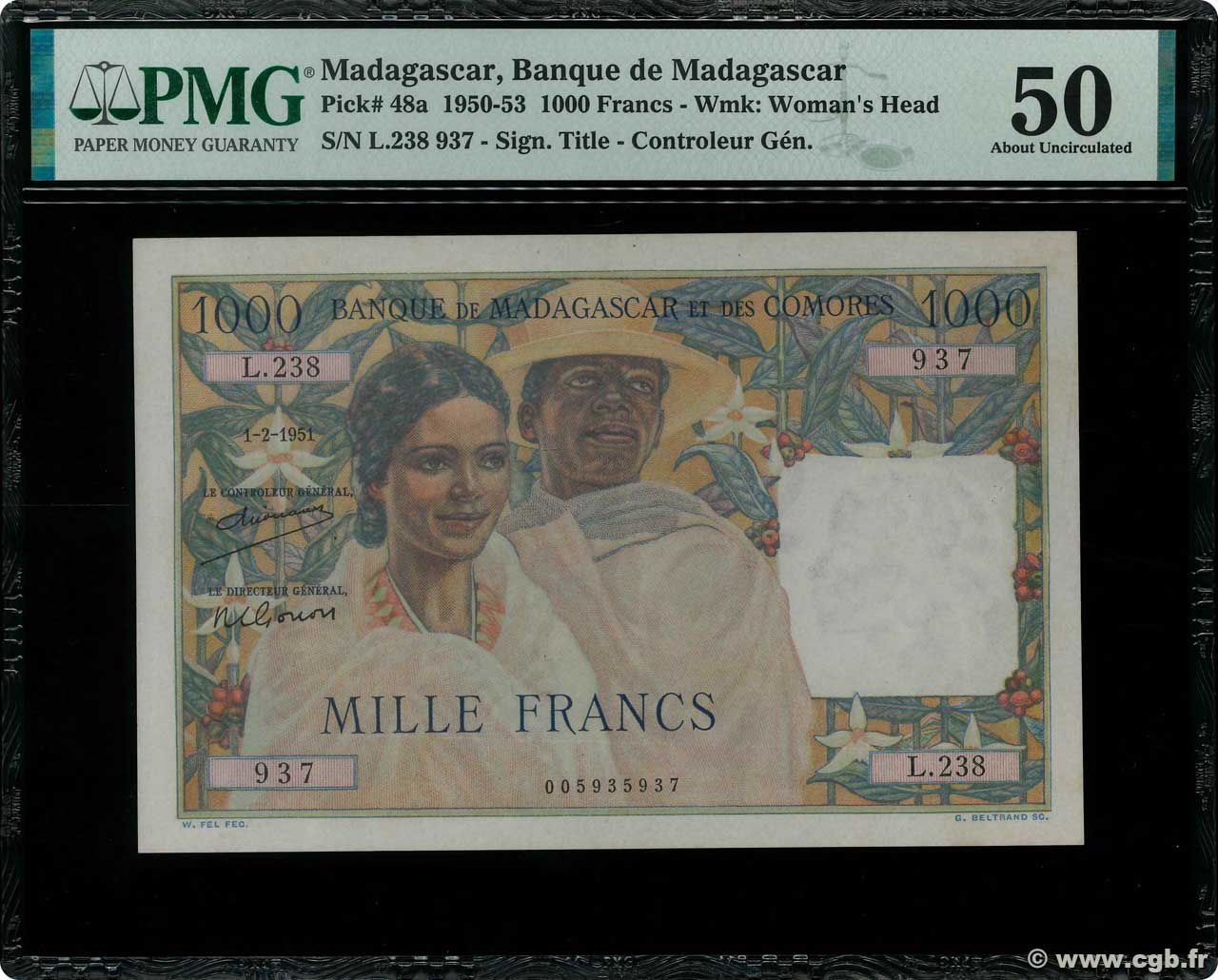 1000 Francs MADAGASKAR  1951 P.048a VZ+