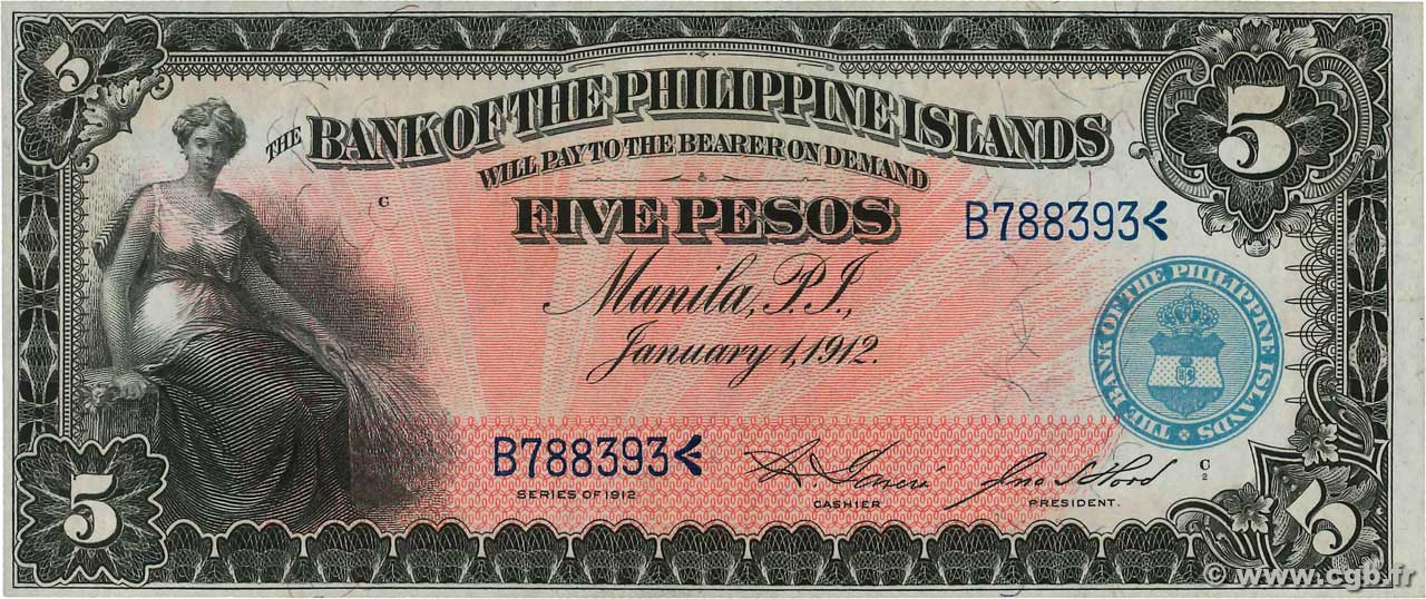5 Pesos FILIPPINE  1912 P.007a q.FDC