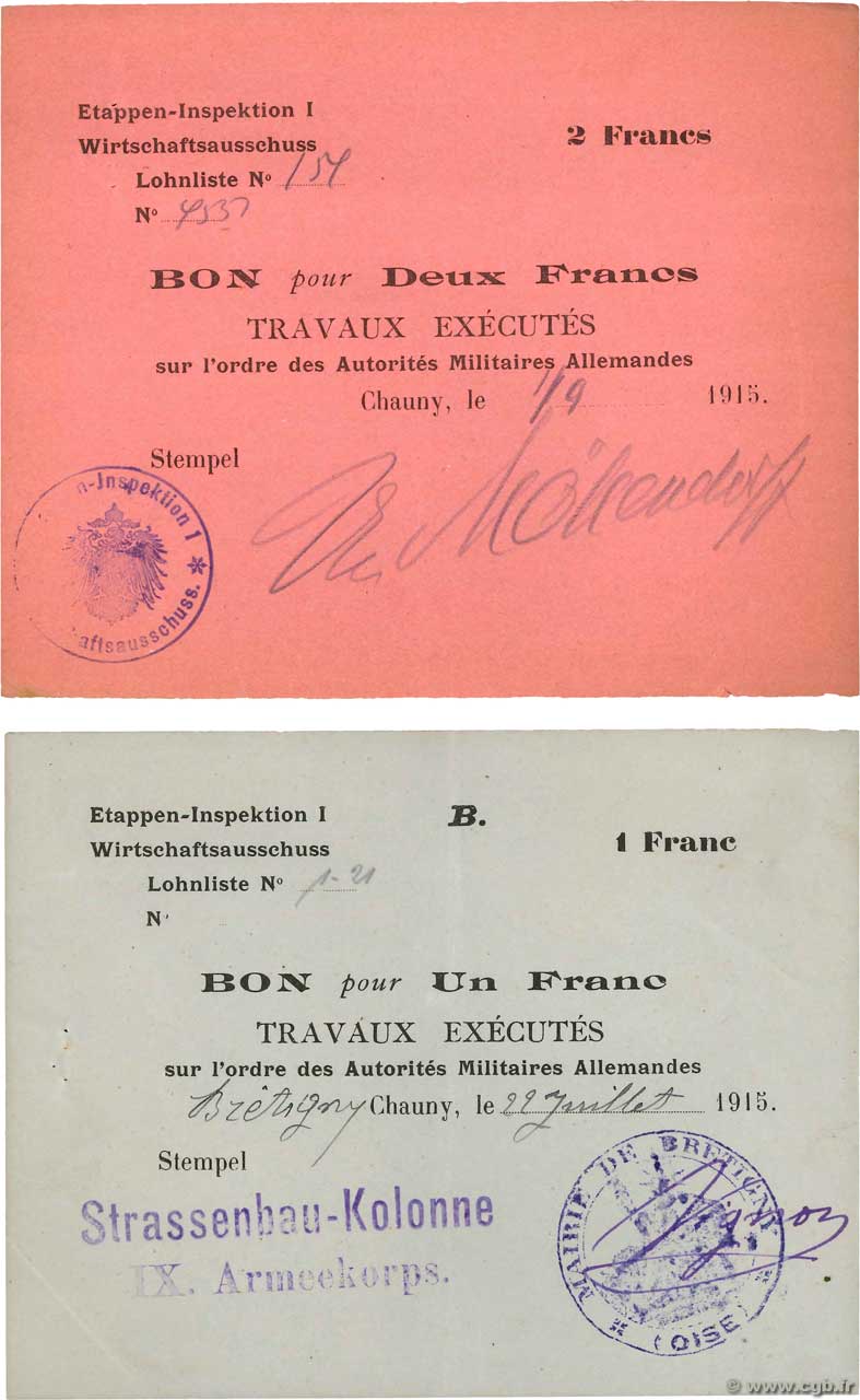 1 et 2 Francs Lot GERMANY Chauny 1915 P.M02 et M03 AU-