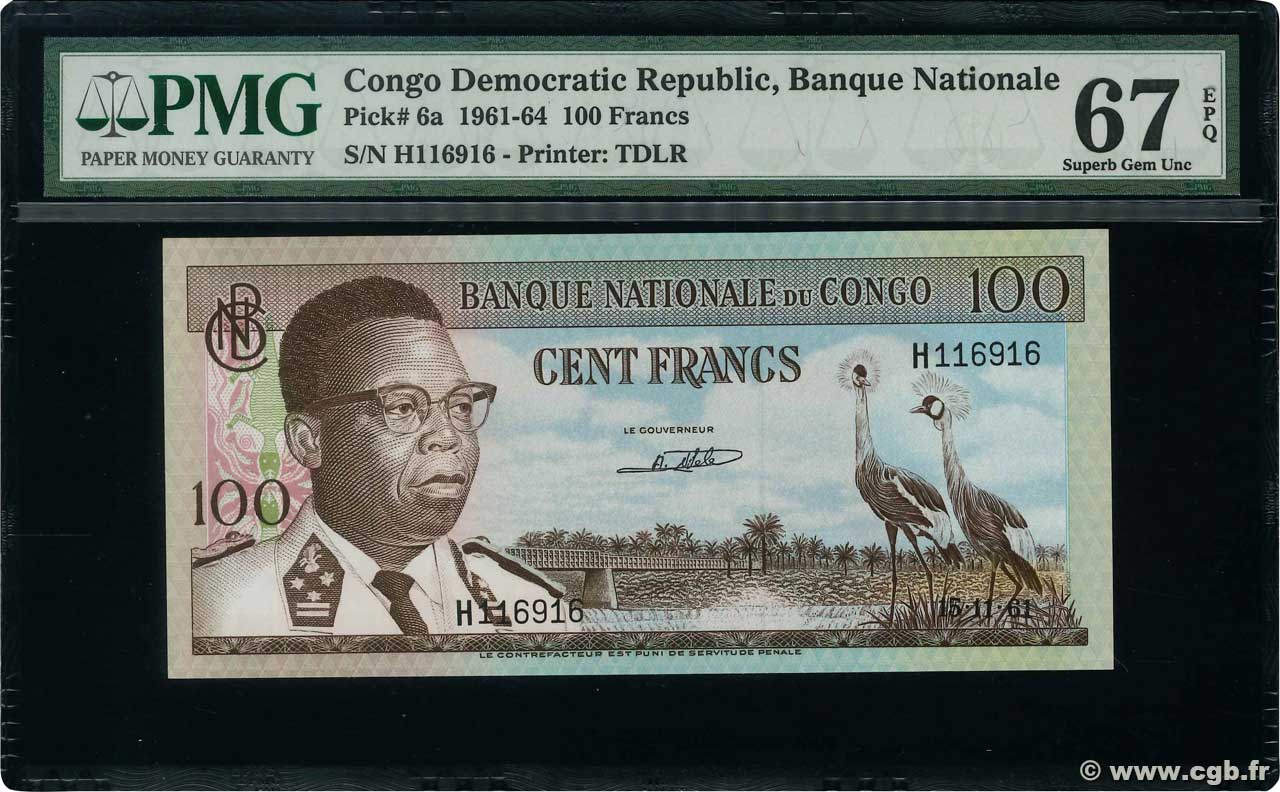 100 Francs RÉPUBLIQUE DÉMOCRATIQUE DU CONGO  1961 P.006a NEUF