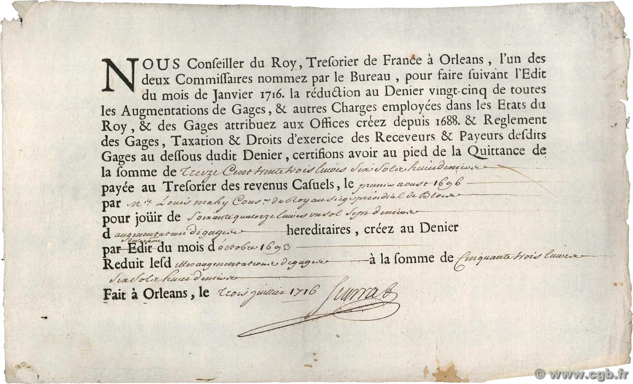 74 Livres FRANCE Regionalismus und verschiedenen Orléans 1716  VZ