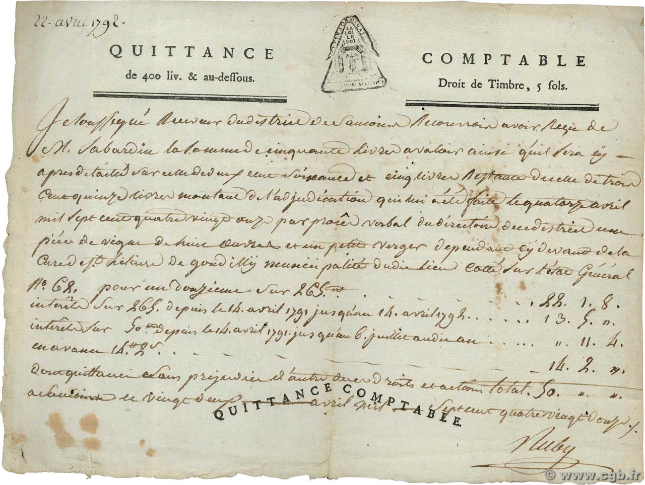 400 Livres et au dessous FRANCE regionalism and miscellaneous  1792  VF