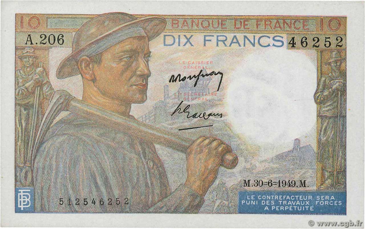 10 Francs MINEUR FRANCIA  1949 F.08.22a q.FDC