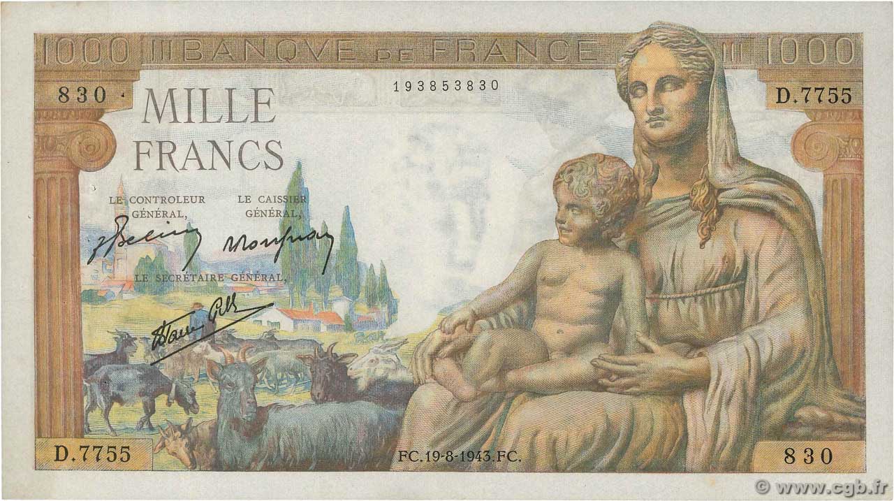 1000 Francs DÉESSE DÉMÉTER FRANCE  1943 F.40.33 TTB+