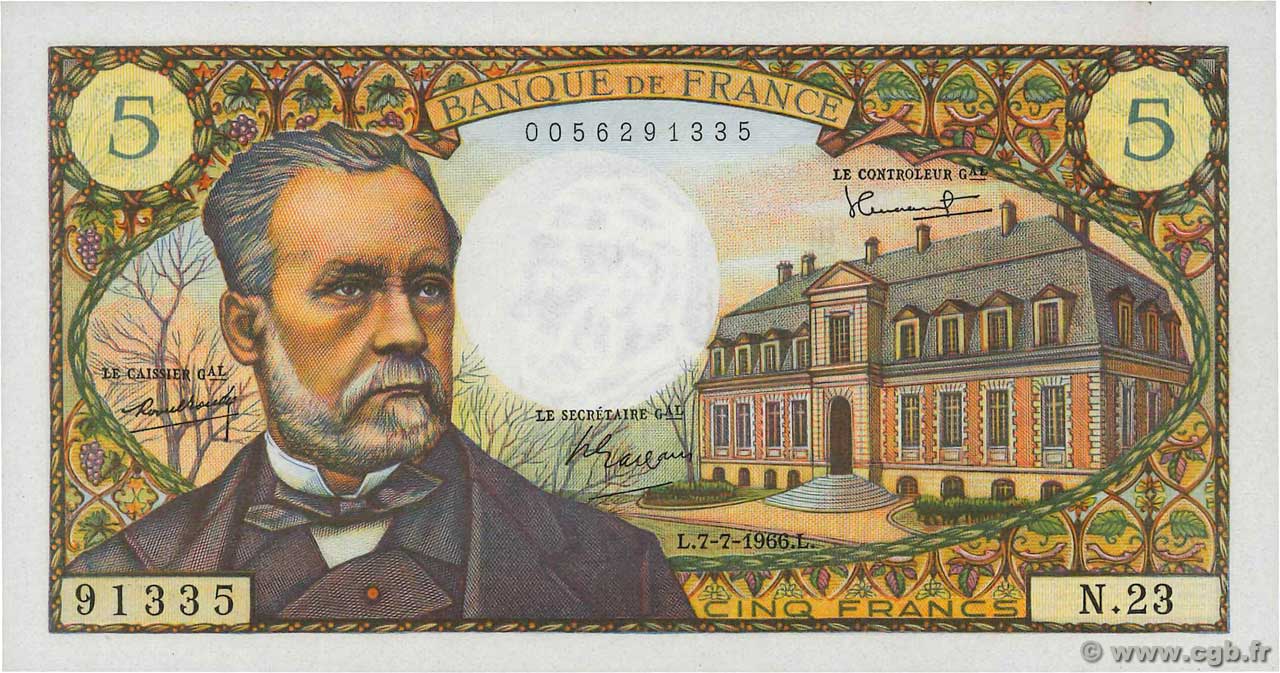 5 Francs PASTEUR FRANCE  1966 F.61.02 UNC-