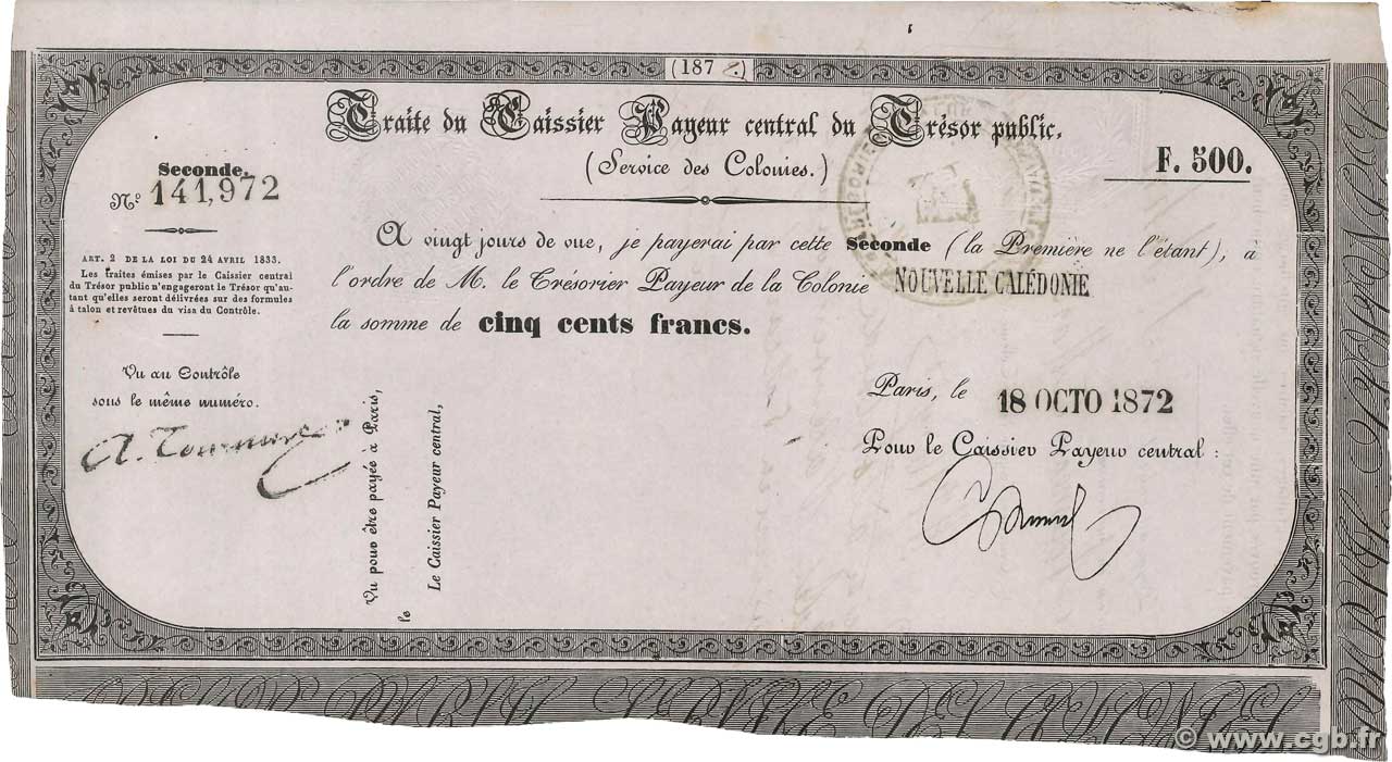 500 Francs NOUVELLE CALÉDONIE  1872 Kol.85 SPL