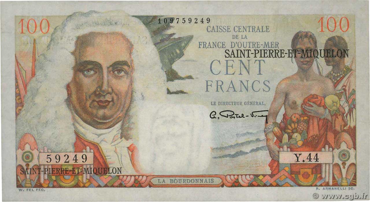 100 Francs La Bourdonnais SAINT PIERRE AND MIQUELON  1950 P.26 XF