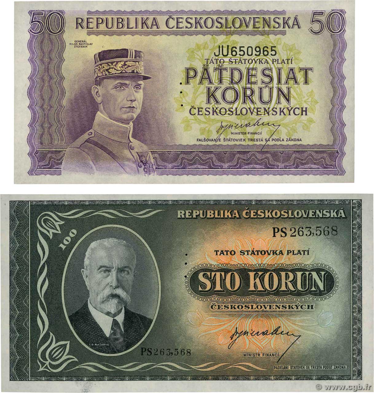 50 et 100 Korun Spécimen CZECHOSLOVAKIA  1945 P.062s et P.063s UNC