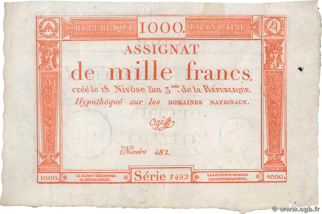 1000 Francs FRANKREICH  1795 Ass.50a fVZ
