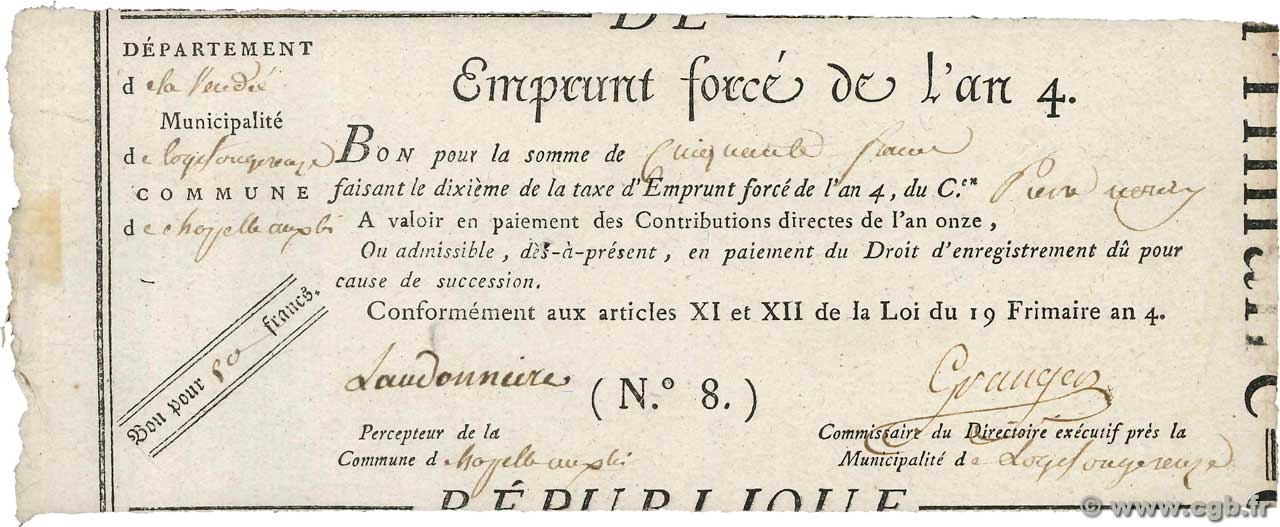 50 Francs FRANCIA La Chapelle aux Lys 1795  SPL