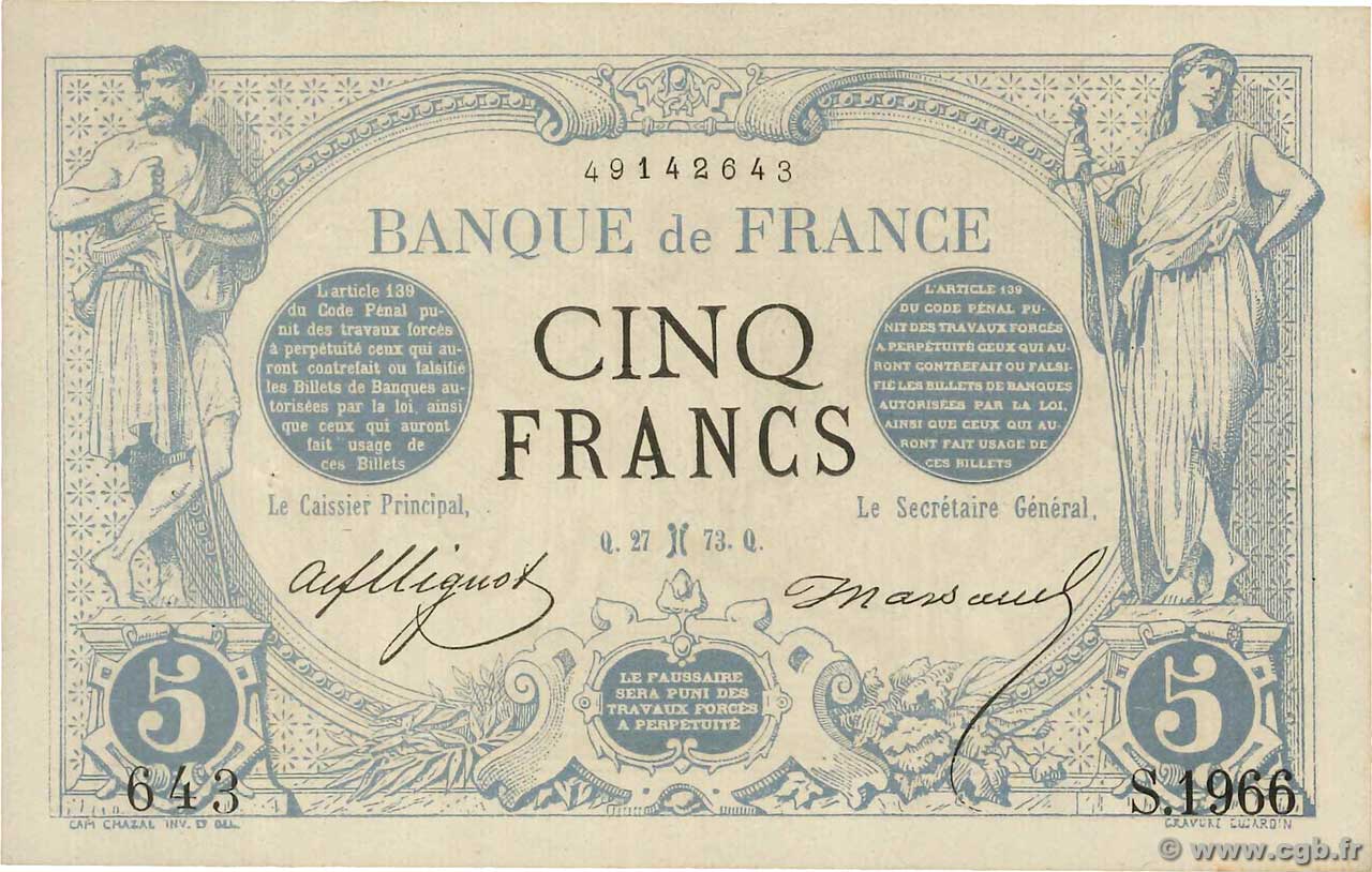 5 Francs NOIR FRANKREICH  1873 F.01.15 VZ