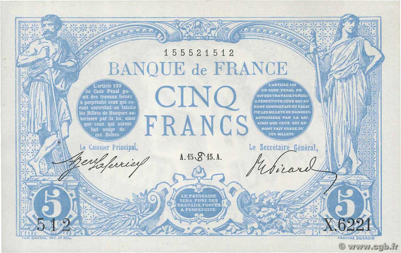 5 Francs BLEU FRANCIA  1915 F.02.28 SPL+