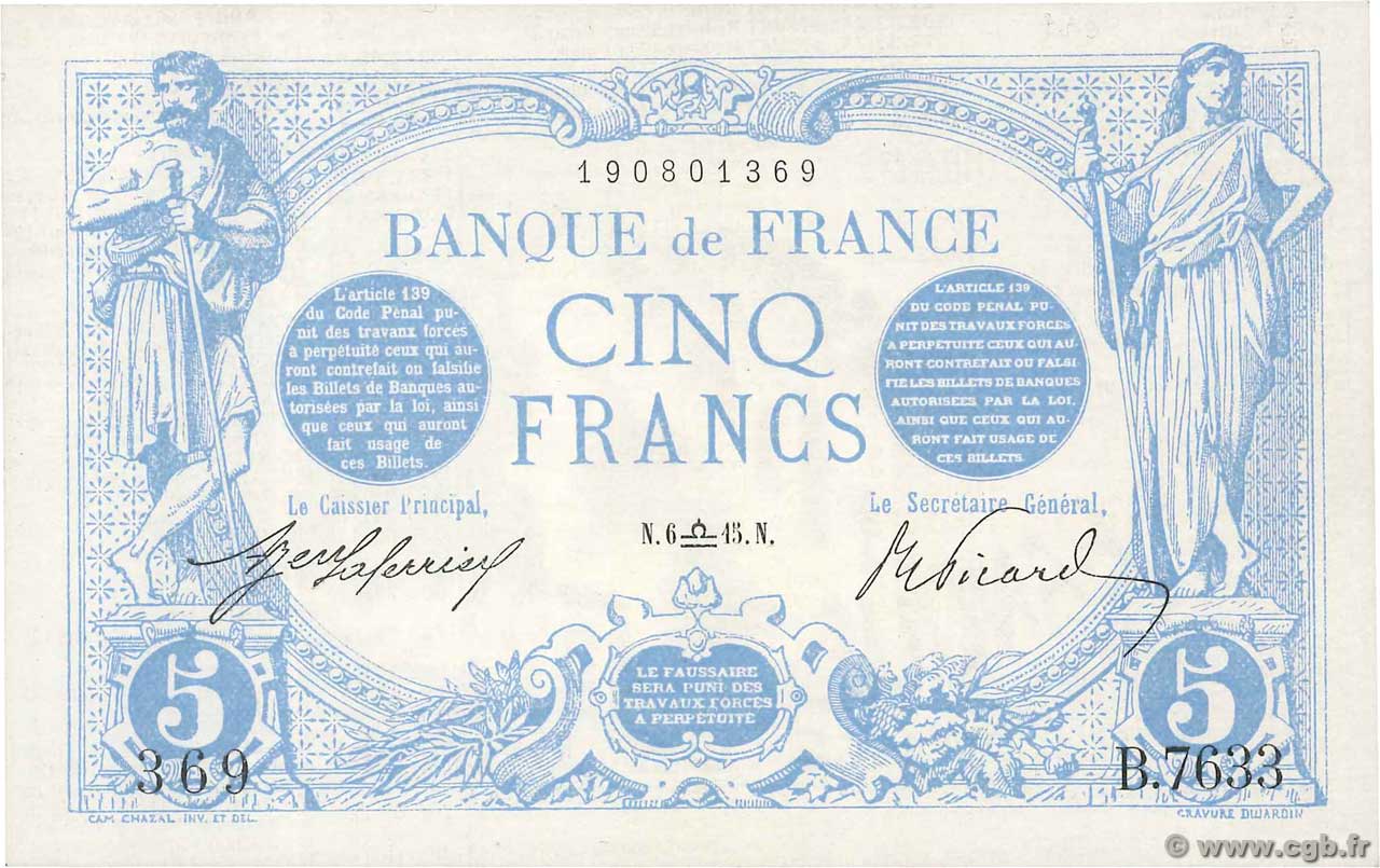 5 Francs BLEU FRANKREICH  1915 F.02.31 fST+