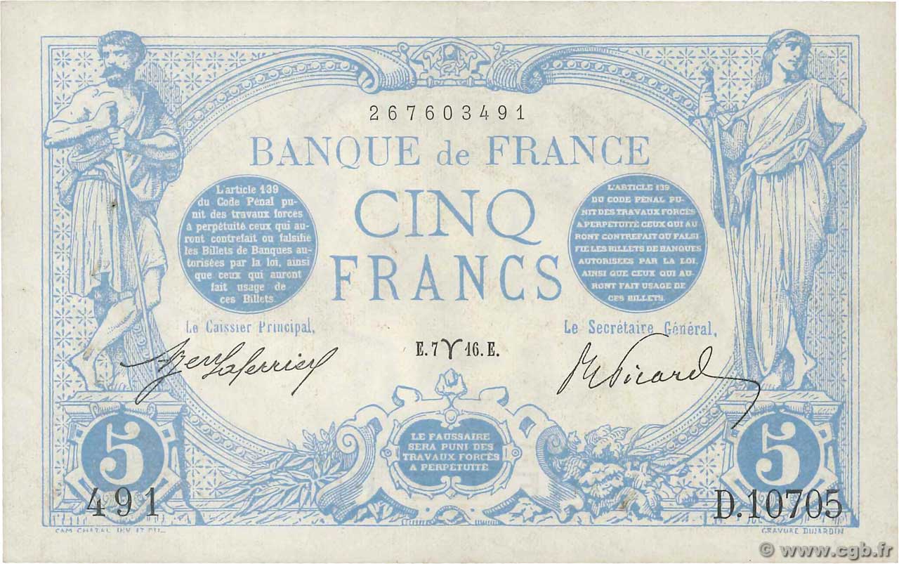 5 Francs BLEU FRANCE  1916 F.02.37 SPL
