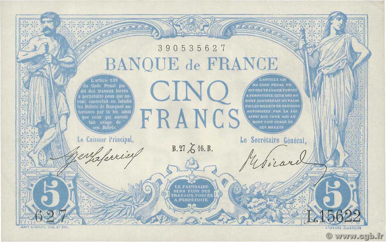 5 Francs BLEU FRANCIA  1916 F.02.46 AU