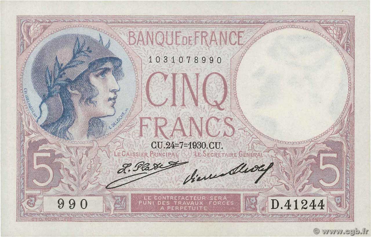 5 Francs FEMME CASQUÉE FRANCE  1930 F.03.14 UNC-