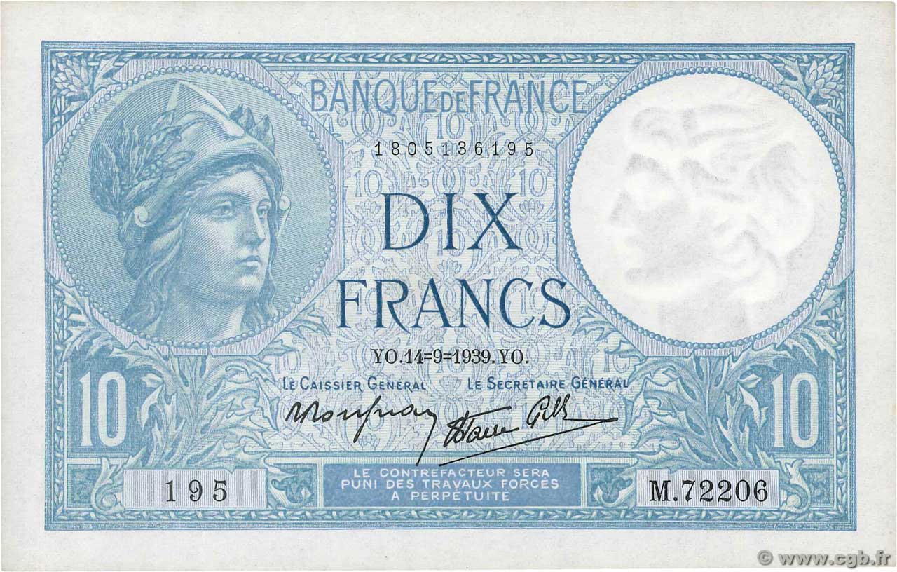 10 Francs MINERVE modifié FRANKREICH  1939 F.07.07 fST+