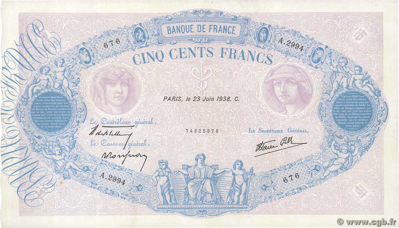 500 Francs BLEU ET ROSE modifié FRANKREICH  1938 F.31.16 SS