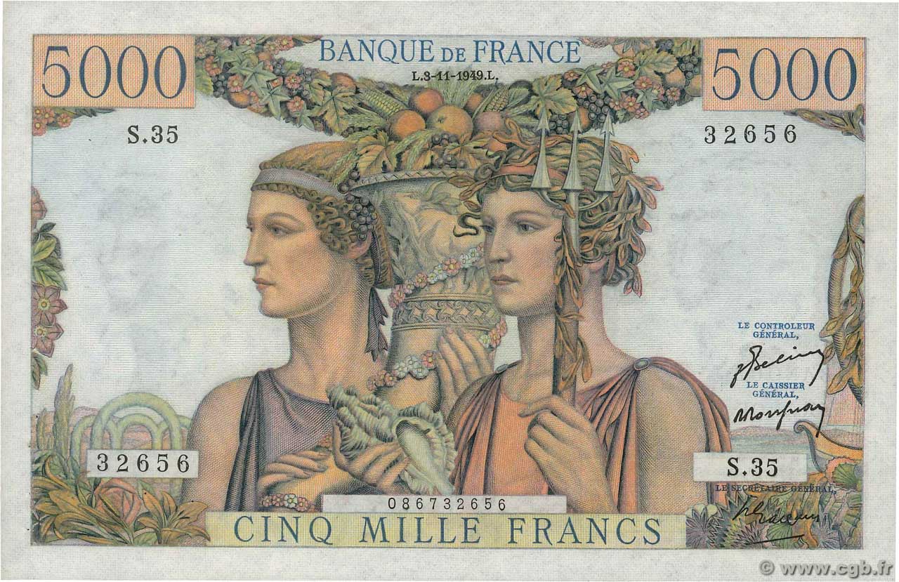 5000 Francs TERRE ET MER FRANKREICH  1949 F.48.02 VZ