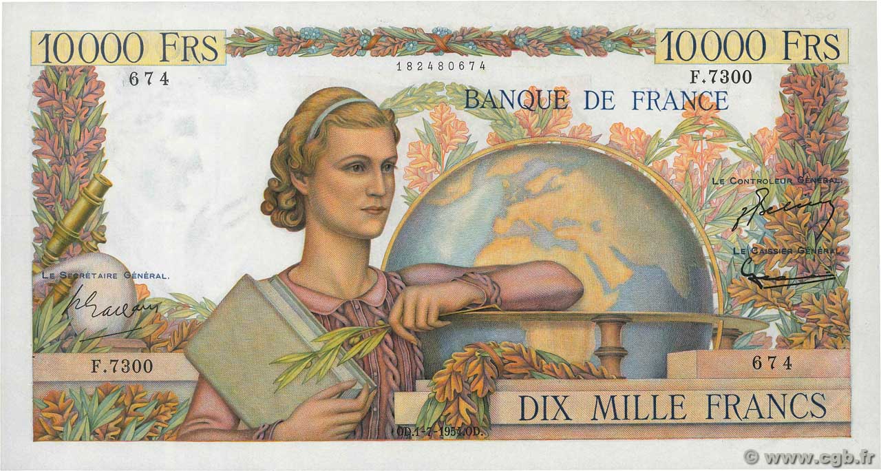 10000 Francs GÉNIE FRANÇAIS FRANCE  1954 F.50.71 SUP+