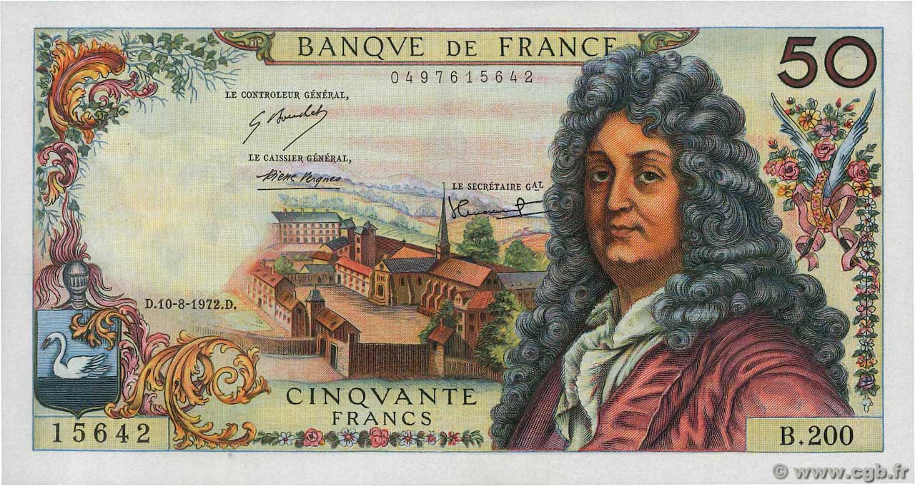 50 Francs RACINE FRANCIA  1972 F.64.21 q.FDC