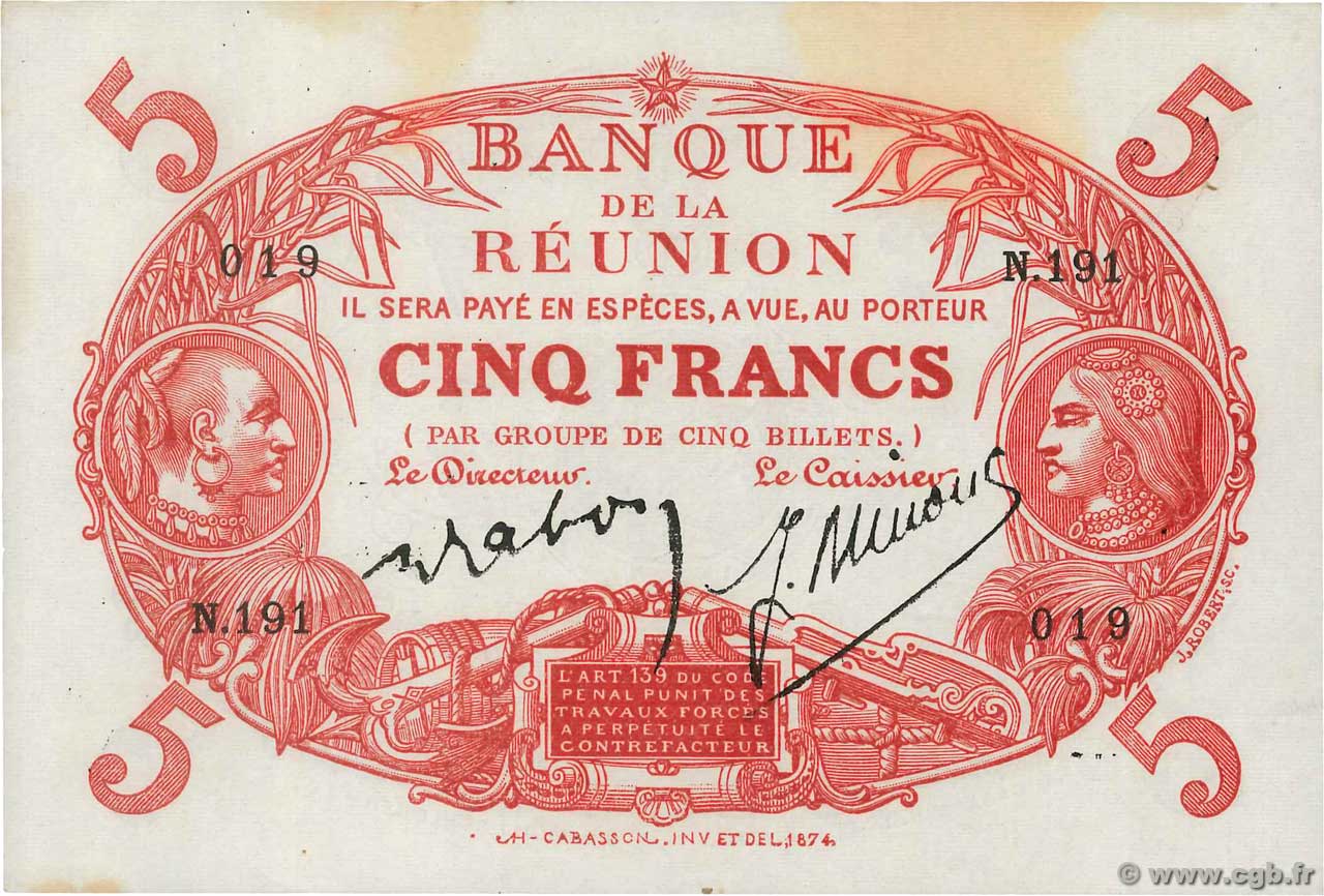 5 Francs Cabasson rouge ISLA DE LA REUNIóN  1938 P.14 EBC