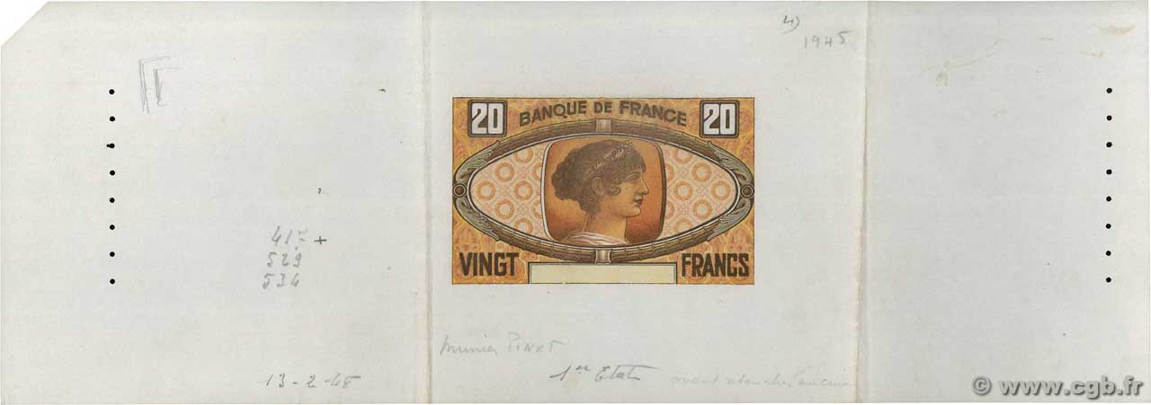 20 Francs CÉRÈS Épreuve FRANKREICH  1945 NE.1944.01 fST