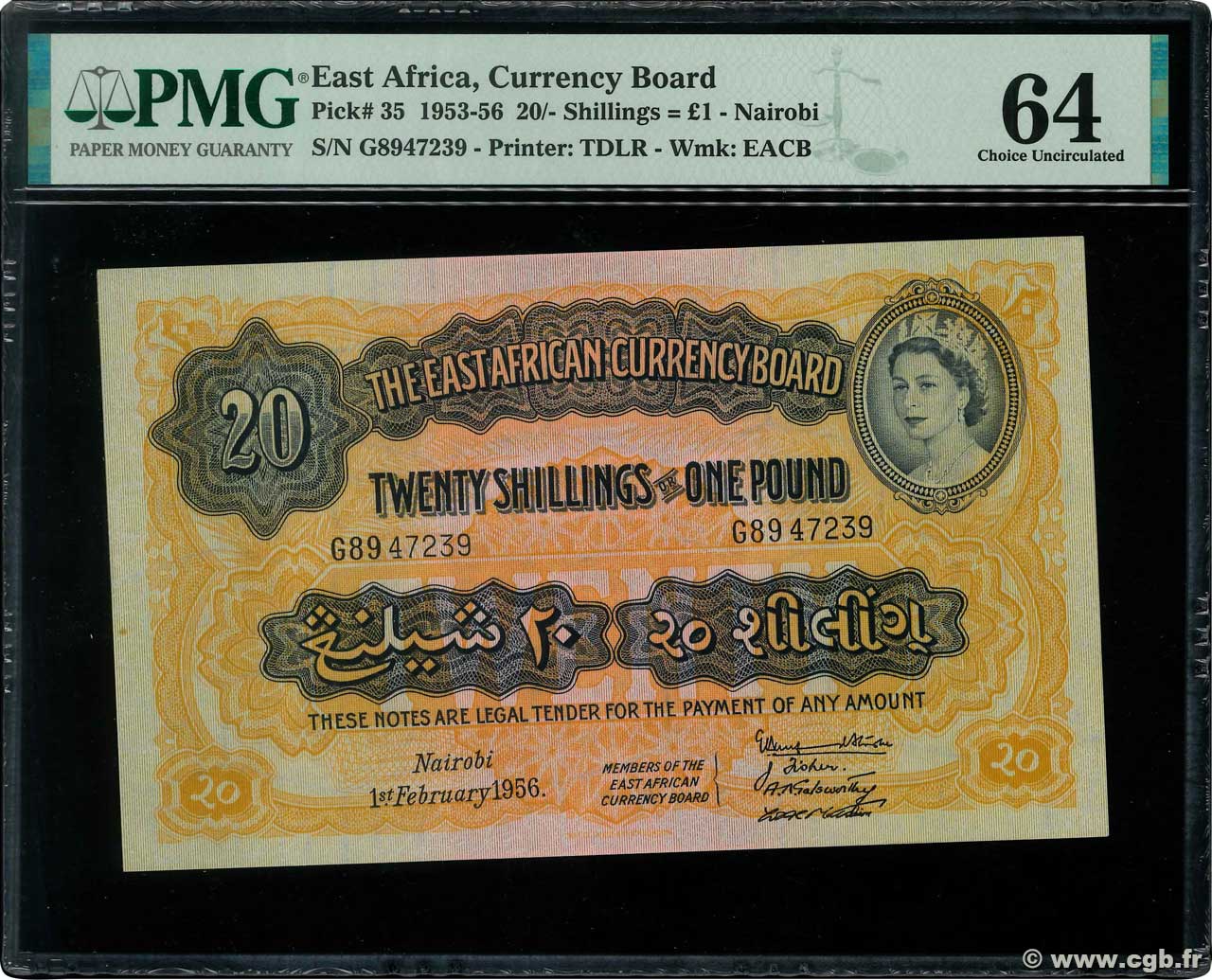 20 Shillings - 1 Pound EAST AFRICA (BRITISH)  1956 P.35 UNC-