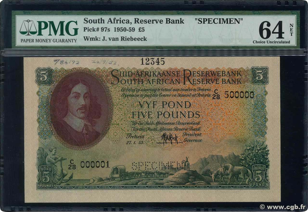 5 Pounds Spécimen SUDAFRICA  1953 P.097bs q.FDC