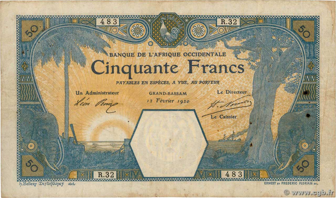 50 Francs GRAND-BASSAM FRENCH WEST AFRICA Grand-Bassam 1920 P.09Da MB