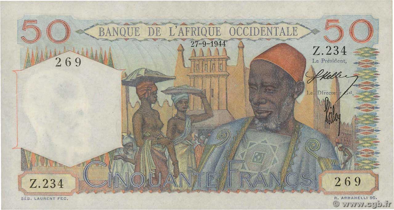 50 Francs AFRIQUE OCCIDENTALE FRANÇAISE (1895-1958)  1944 P.39 SPL