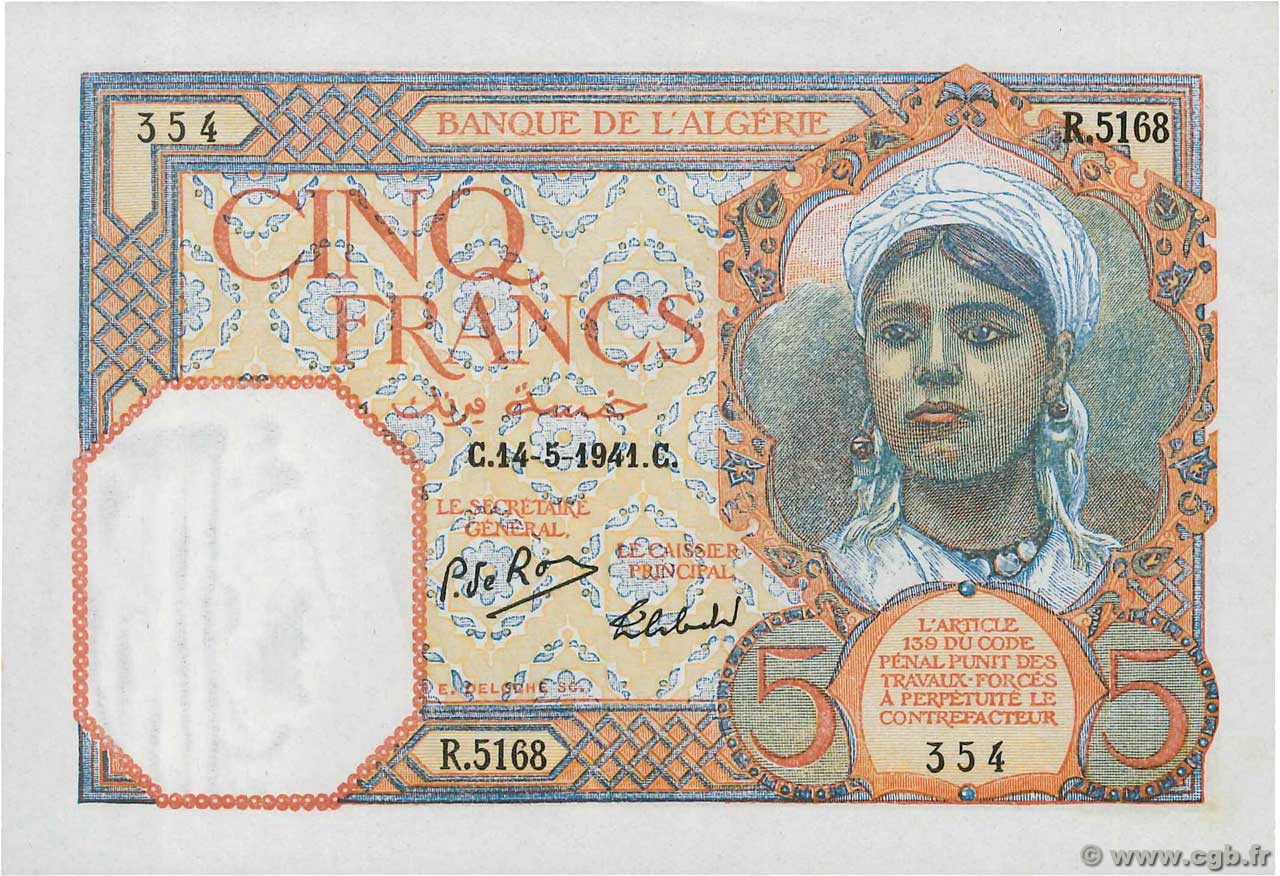 5 Francs ALGERIEN  1941 P.077b fST+