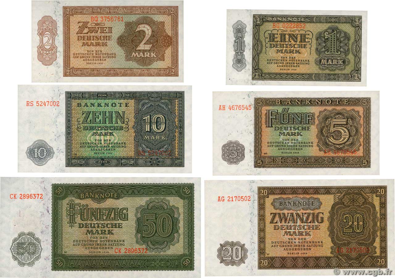 1 au 50 Deutsche Mark Lot REPUBBLICA DEMOCRATICA TEDESCA  1948 P.09b au P.14b FDC