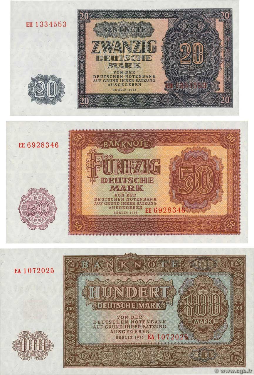 20, 50 et 100 Deutsche Mark Lot REPUBBLICA DEMOCRATICA TEDESCA  1955 P.19a, P.20a et P.21a q.FDC