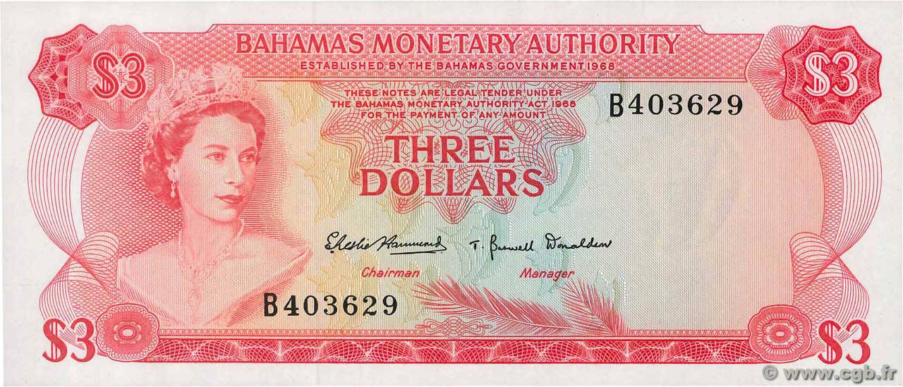 3 Dollars BAHAMAS  1968 P.28a fST