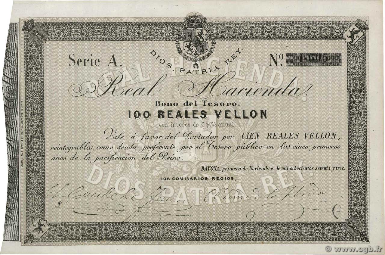100 Reales Vellon ESPAGNE Bayona 1873 P.- SUP