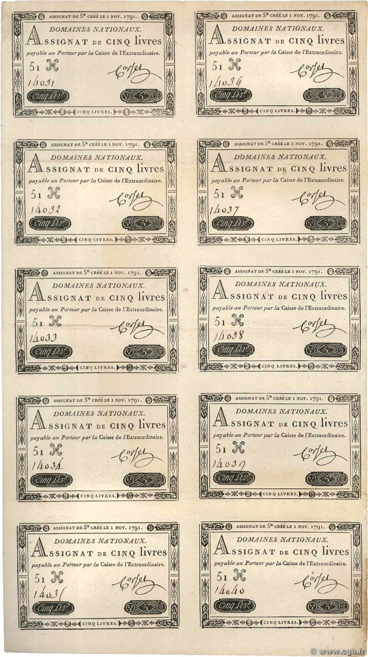 5 Livres Planche FRANCE  1791 Ass.20a-p VF
