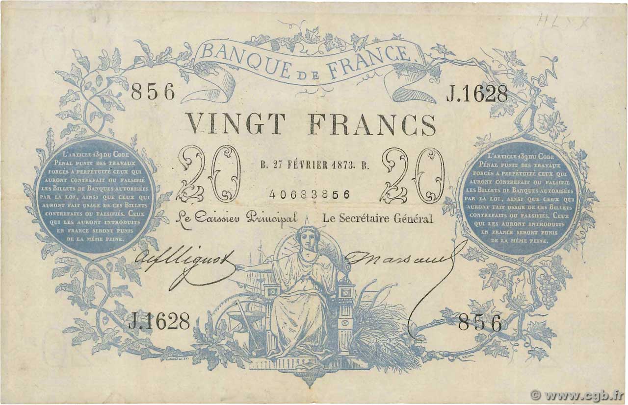 20 Francs type 1871 FRANCE  1873 F.A46.04 VF
