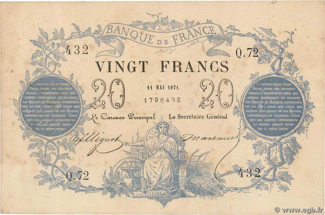 20 Francs type 1871 FRANCE  1871 F.A46.02 TTB