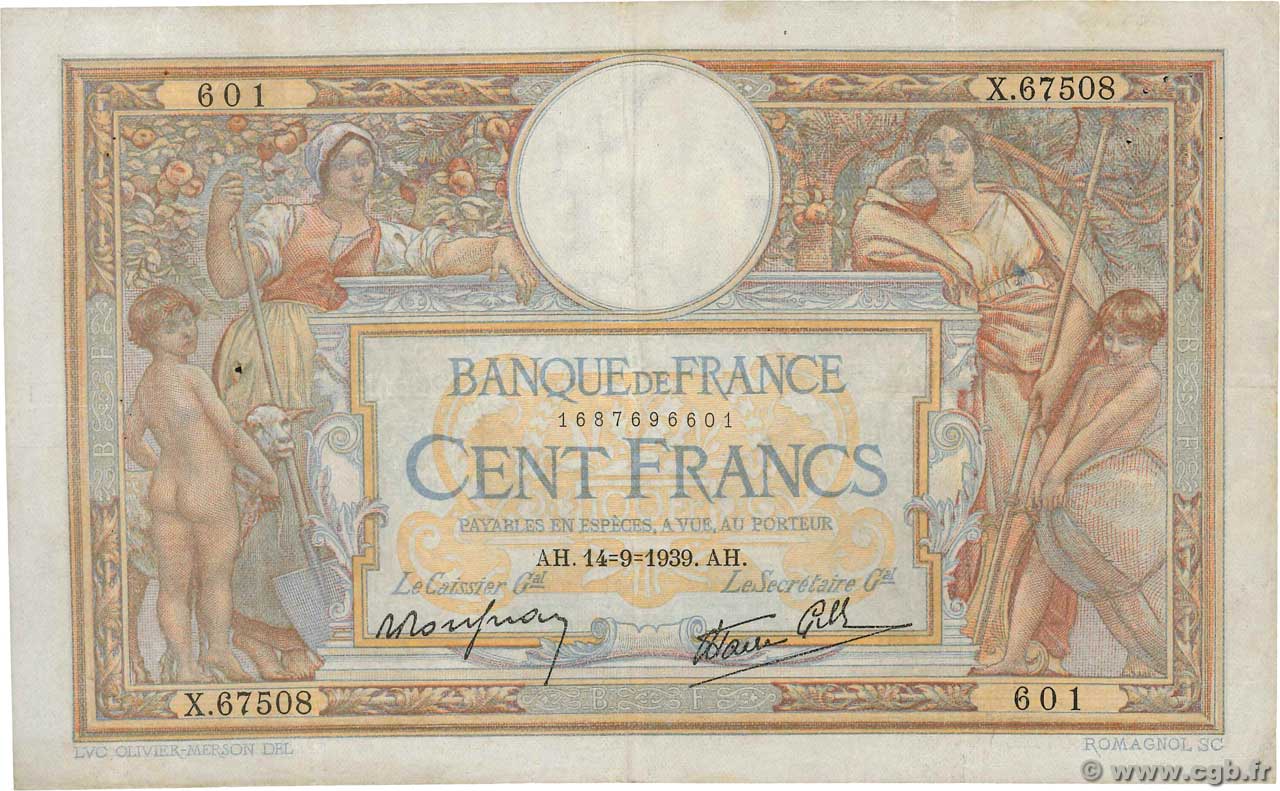 100 Francs LUC OLIVIER MERSON type modifié FRANCIA  1939 F.25.49 BC