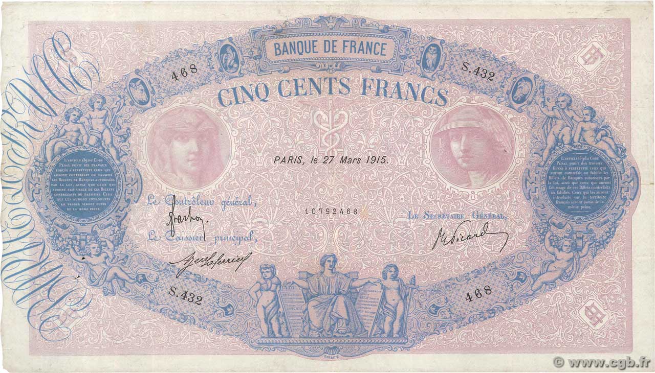500 Francs BLEU ET ROSE FRANCE  1915 F.30.22 VF-
