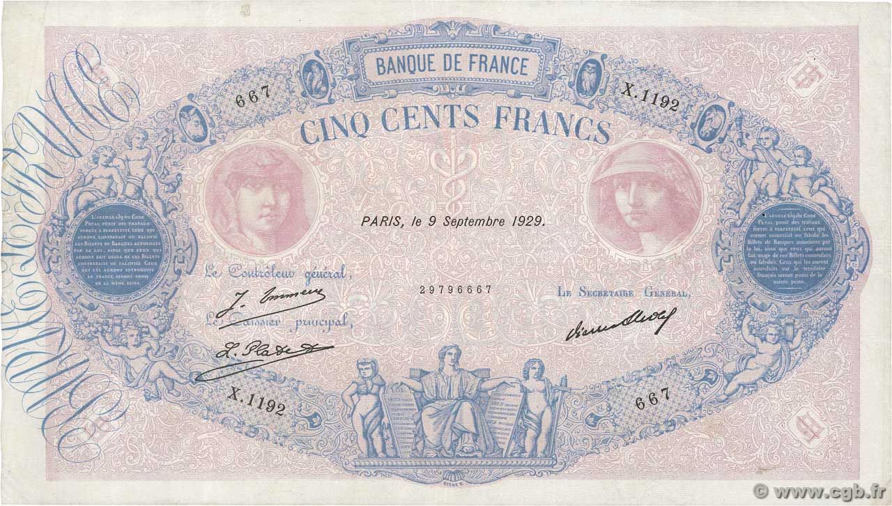 500 Francs BLEU ET ROSE FRANCE  1929 F.30.32 VF