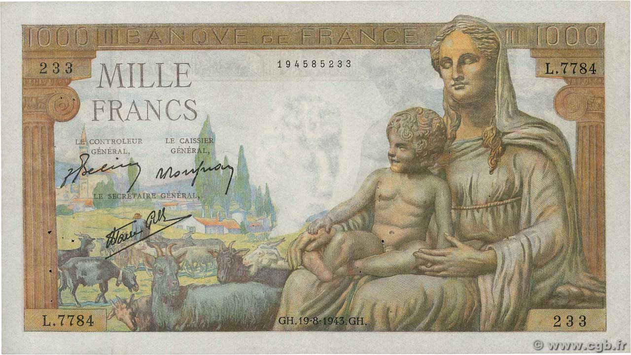 1000 Francs DÉESSE DÉMÉTER FRANCE  1943 F.40.33 VF