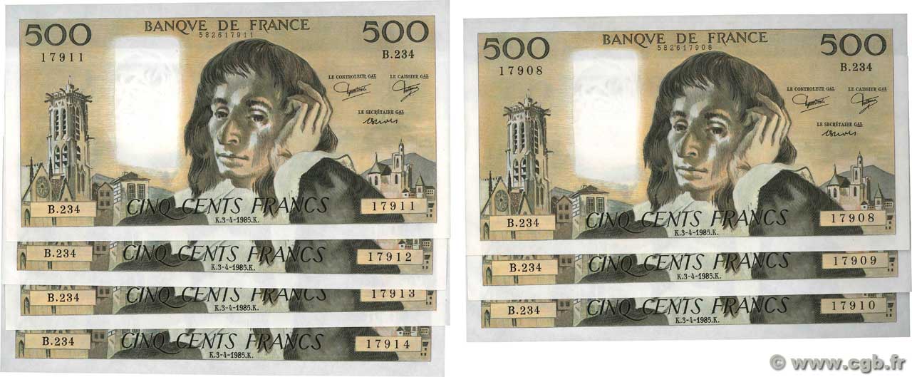 500 Francs PASCAL Consécutifs FRANCIA  1985 F.71.33 AU+