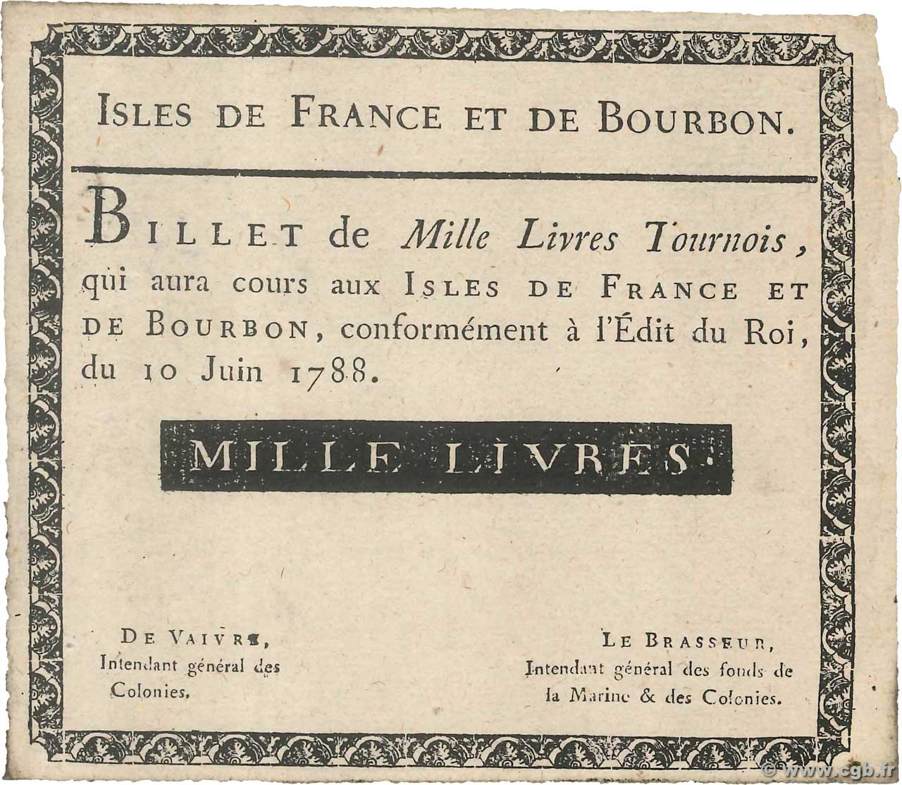 1000 Livres  Faux ISLES OF FRANCE AND BOURBON  1788 P.13x XF