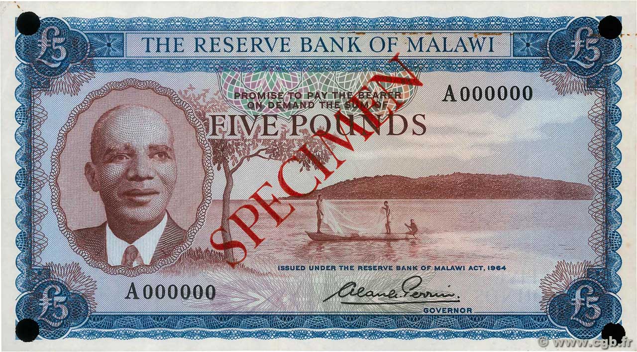 5 Pounds Spécimen MALAWI  1964 P.04s fST