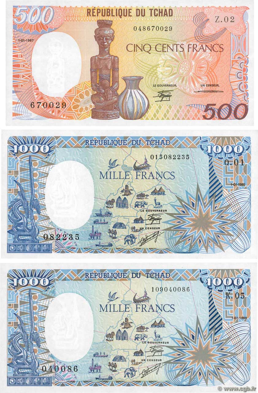500 et 1000 Francs Lot CHAD  1985 P.09b, P.10 et P.10Aa UNC-