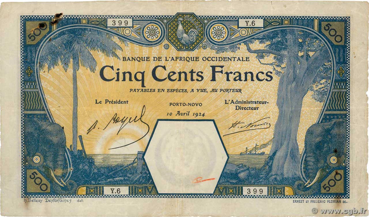 500 Francs PORTO-NOVO FRENCH WEST AFRICA Porto-Novo 1924 P.13E S